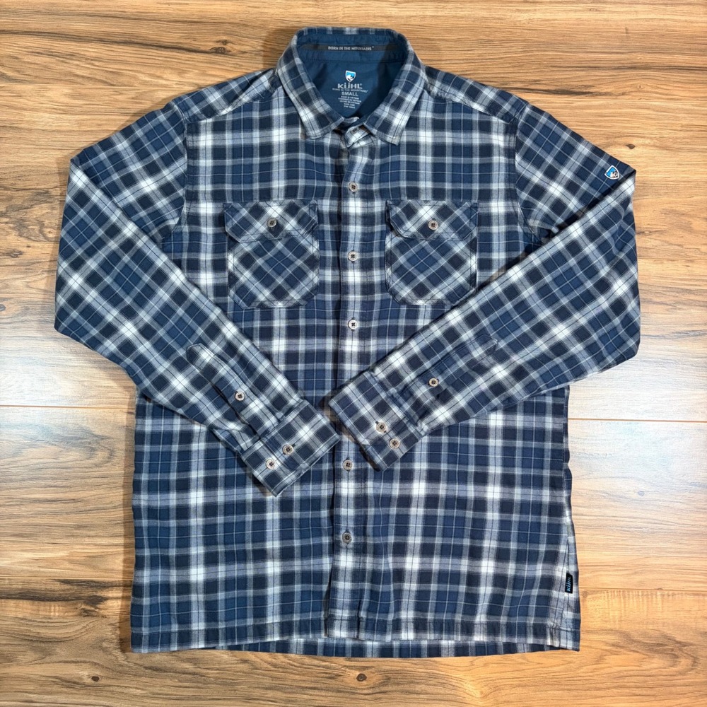 Kuhl Dillingr Flannel Shirt Mens Small Blue Plaid Cotton Tencel Button Up 7186